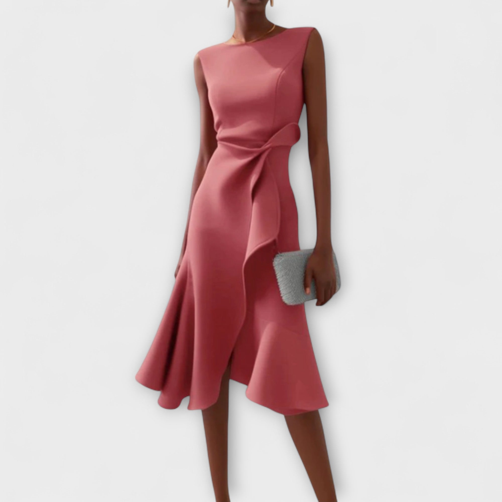 Celestine Beauvray | Red Sleeveless Asymmetric Draped Midi Dress