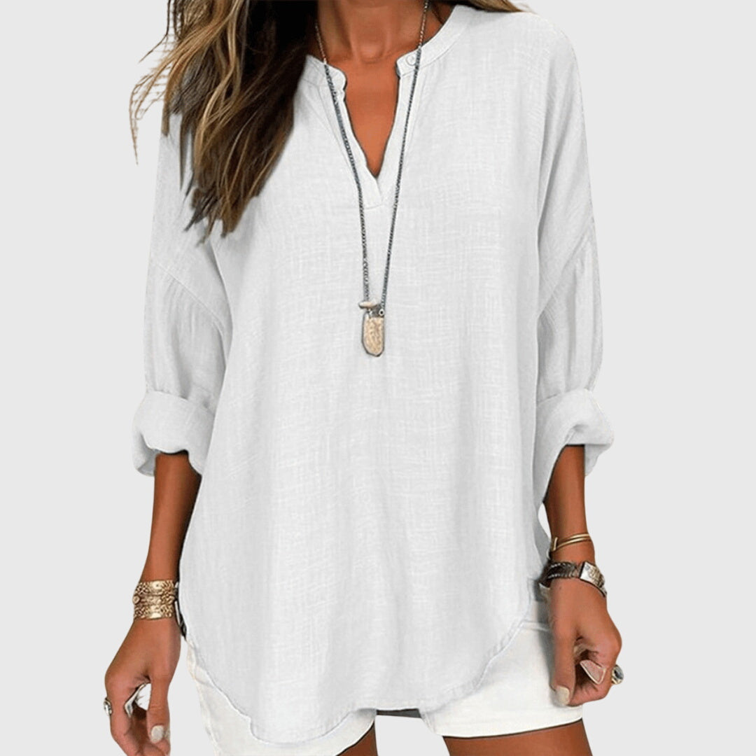 Celestine Waverly | Flowy Light Blue Linen V-Neck Blouse