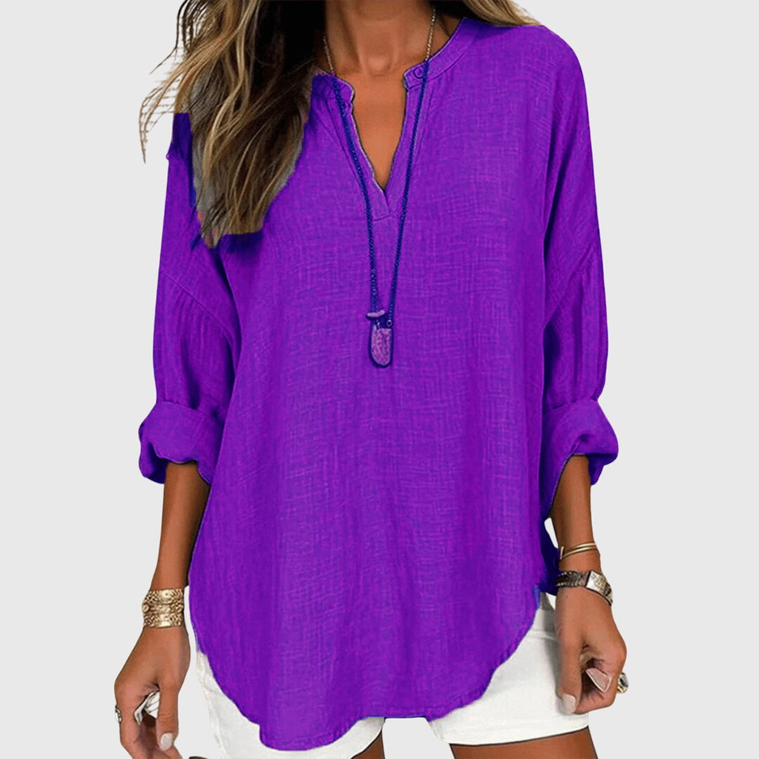 Celestine Waverly | Flowy Light Blue Linen V-Neck Blouse