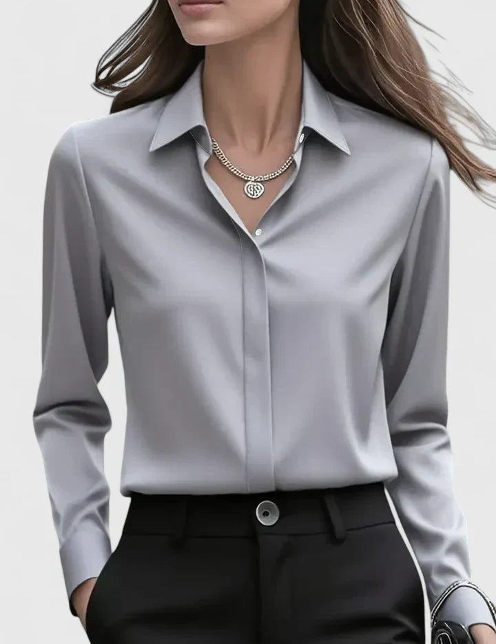 Sandrine Beauclaire | Navy Blue Satin Long-Sleeve Button-Down Shirt