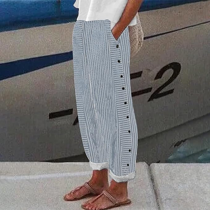 Emmeline Strathmore | Striped Linen-Cotton Button-Accent Trousers