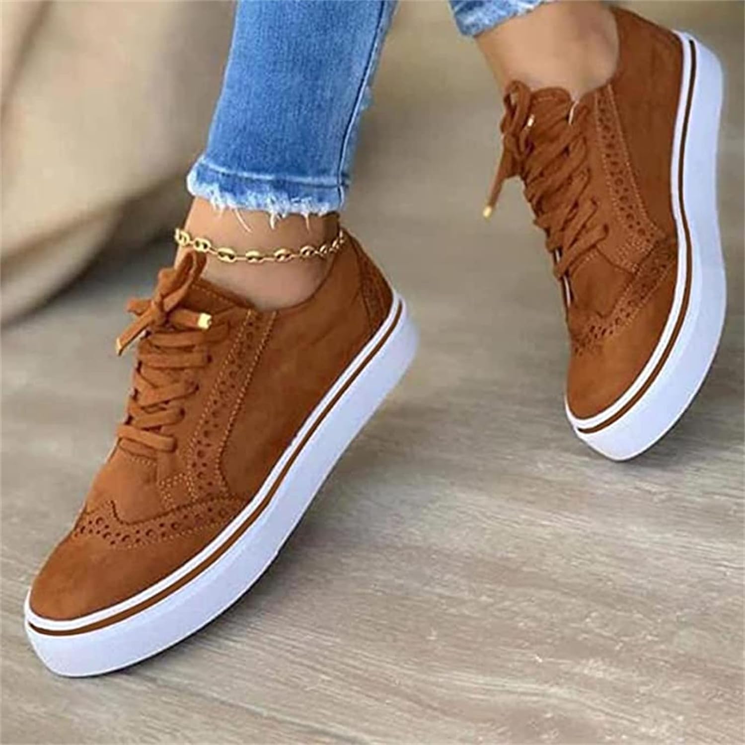 Elaine Wrenthorpe | Tan Platform Sneakers with Brogue Detail
