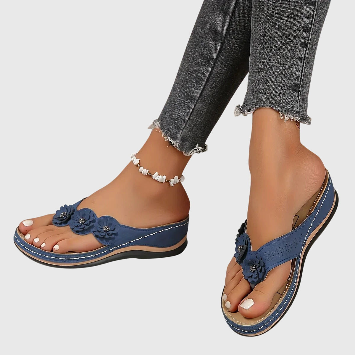 Rosette Dunleigh | Blue Flower Wedge Flip Flop Sandals