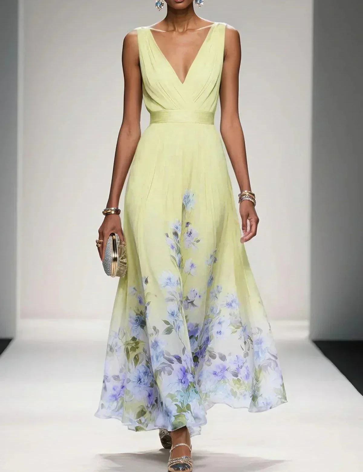 Venetia Somerleigh | Light Blue Floral Maxi V-Neck Dress
