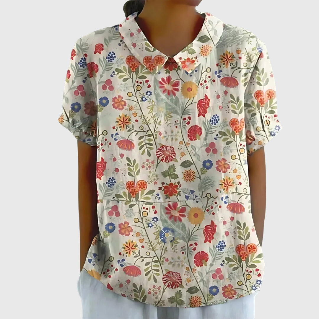 Colette Vaudrenne | Green Floral Print Short Sleeve Blouse