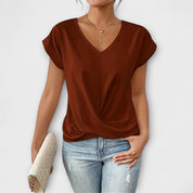 Léonie Charpentier | Brown V-Neck Twist Hem Short Sleeve Top