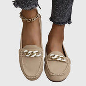 Elspeth Montrouge | White Flat Loafers with Gold Chain Detail
