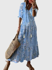 Cressida Montvallon | Blue Ikat Print Boho Maxi Dress
