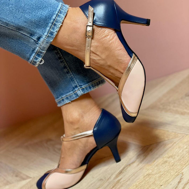 Delphine Rousseau | Navy & Rose Gold T-Strap Heeled Pumps