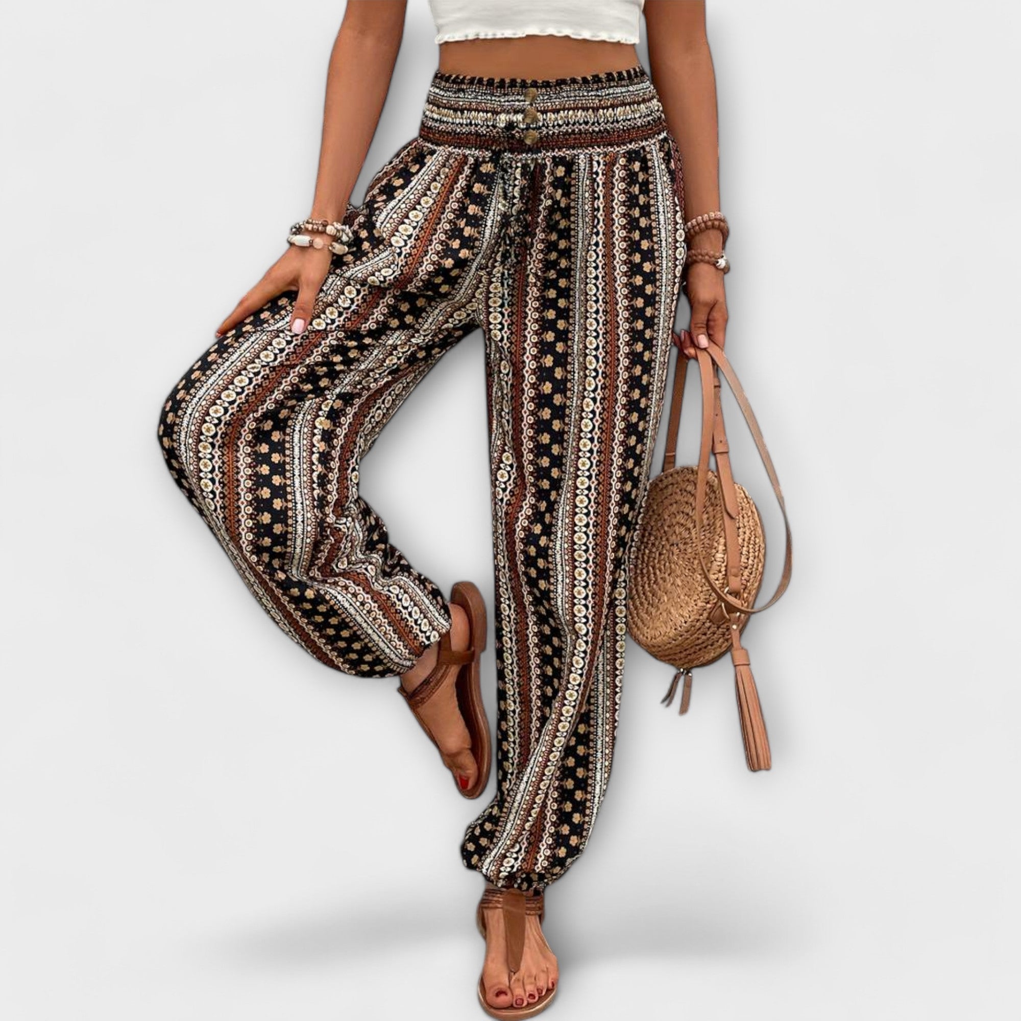 Coralie Deschamps | Boho Ethnic Print Smocked Waist Harem Pants
