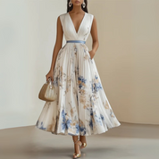 Séraphine Montclaire | Flowy Sleeveless Floral Midi Dress with V-Neck