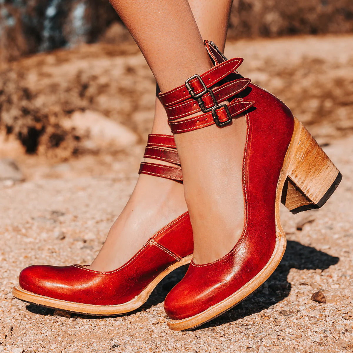 Eleanora Vosswick | Tan Leather Block Heel Ankle Boot with Double Buckle Straps