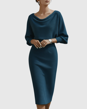 Vivienne Solvaine | Navy Blue Cowl Neck Batwing Midi Knit Dress