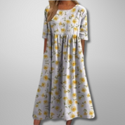 Aurelie Vosclaire | Blue Floral Midi Dress with 3/4 Sleeves