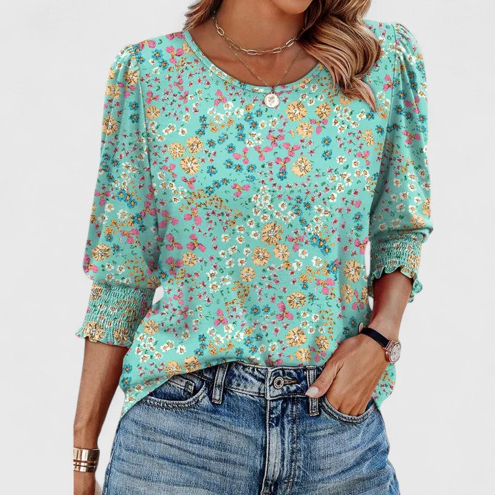 Corinthia Velbray | White Smocked Cuff 3/4 Sleeve Crew Neck Top