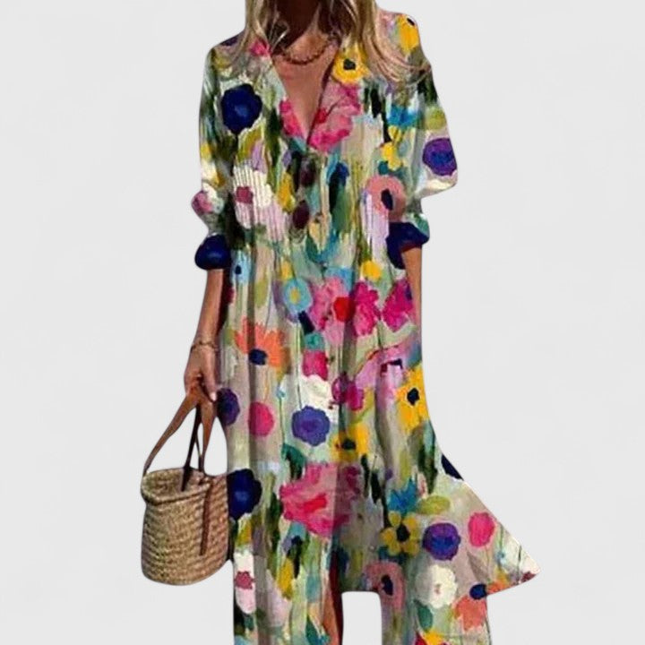 Théodeline Sancourt | Blue Leaf Print Boho Midi Shirt Dress