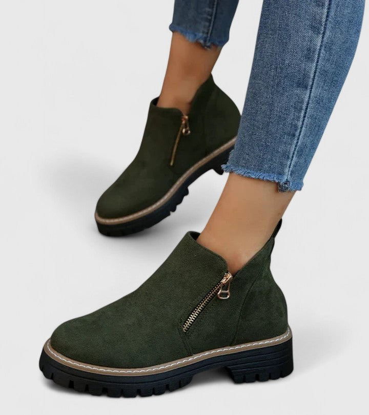 Elaine Fontverde | Black Suede Ankle Boots with Gold Zip