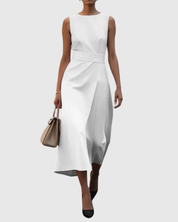 Isabeau Cavendish | Rust Brown Sleeveless Midi Dress with Waist Sash