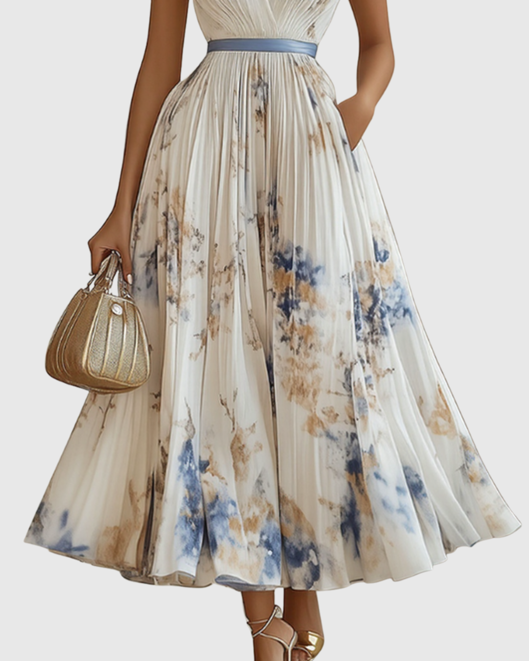 Édith Ravencombe | Floral Pleated Midi Dress with Deep V-Neck