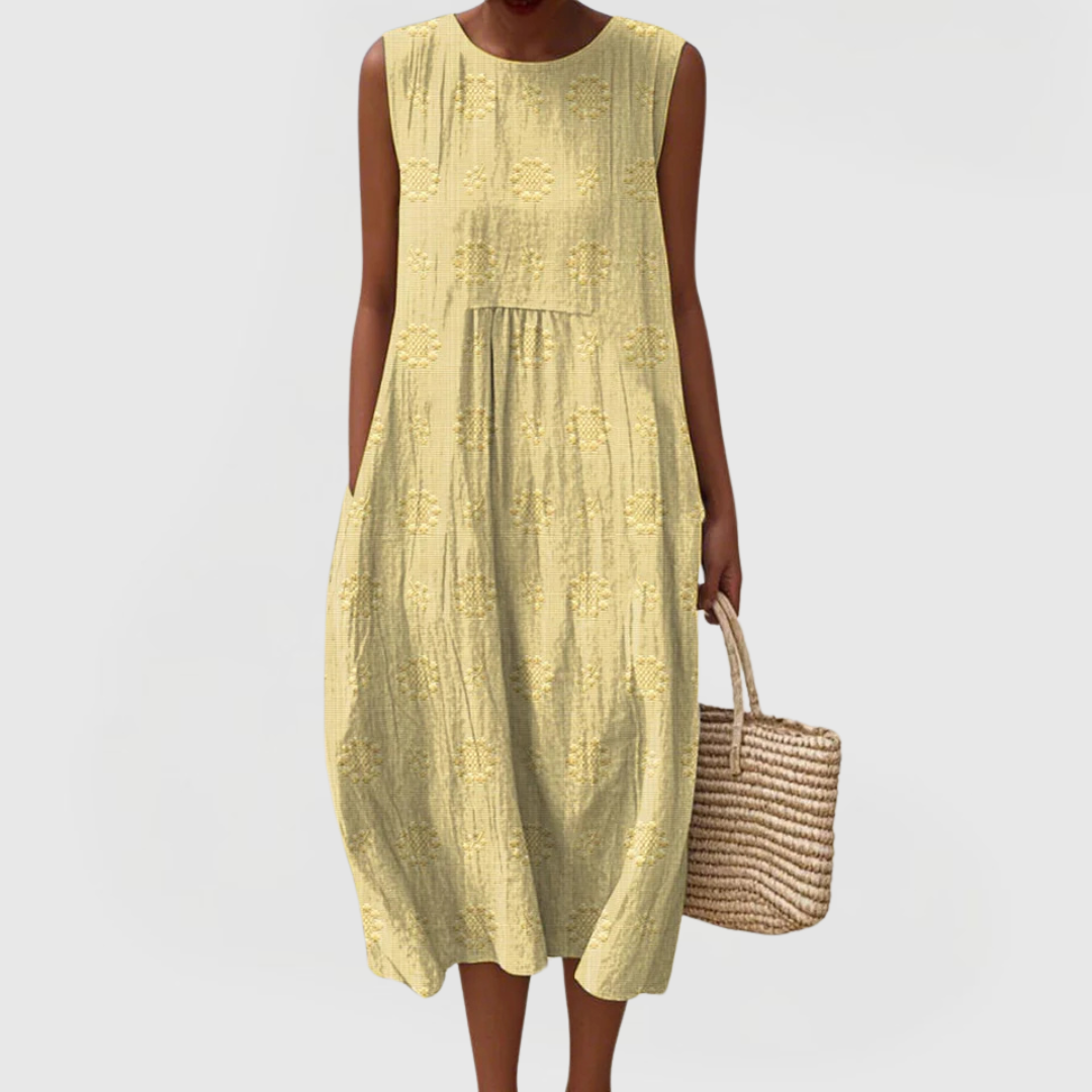 Mirabel Fontaineaux | Green Embroidered Sleeveless Midi Dress with Pockets