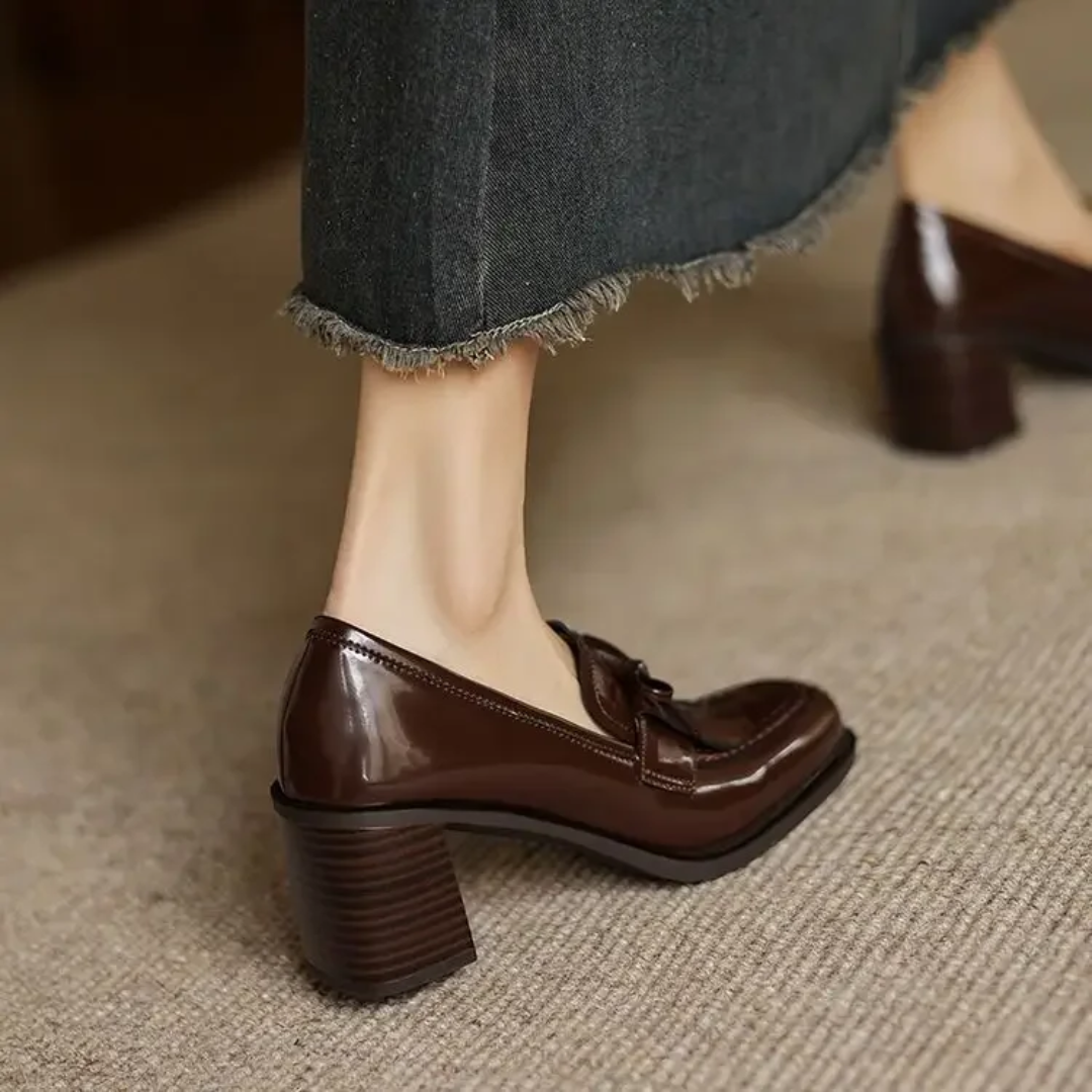 Rosalba Fontaine | Black Patent Tassel Loafer Block Heel Pump