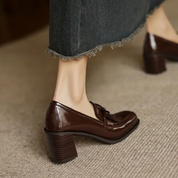 Rosalba Fontaine | Black Patent Tassel Loafer Block Heel Pump
