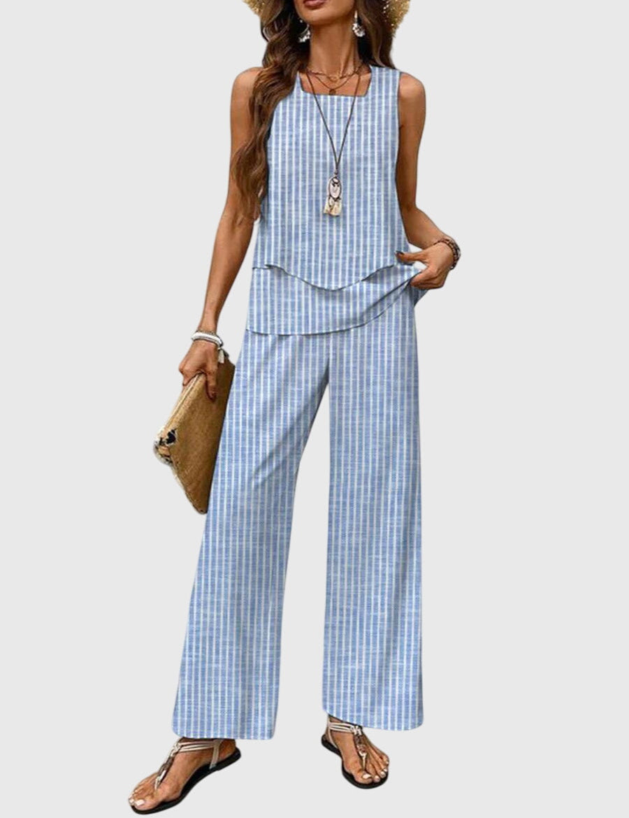 Luciana Whitford | Blue Leaf Print Sleeveless Two-Piece Set