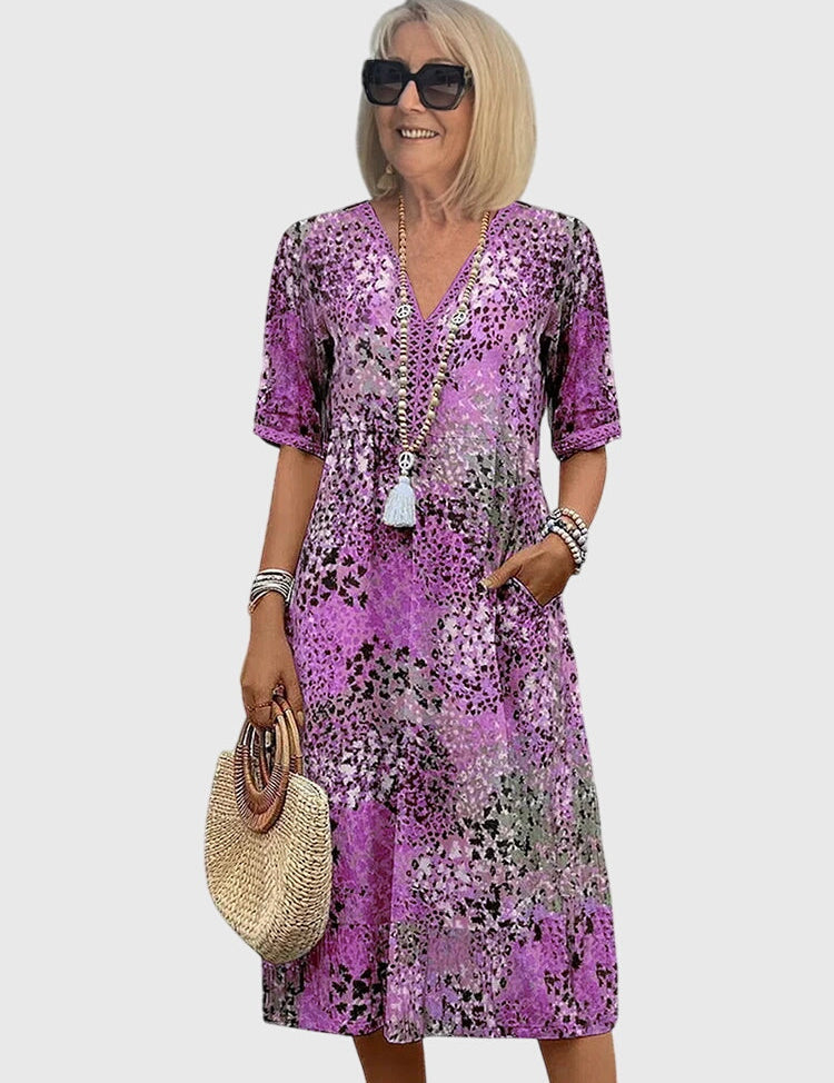 Celestine Dawnmere | Boho Floral Midi Dress with V-Neck