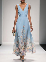 Venetia Somerleigh | Light Blue Floral Maxi V-Neck Dress
