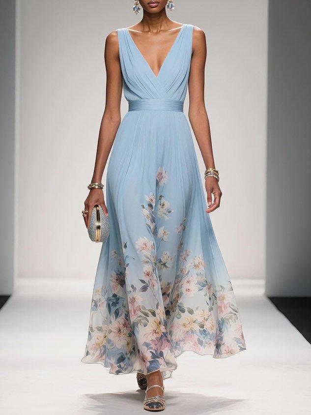 Venetia Somerleigh | Light Blue Floral Maxi V-Neck Dress