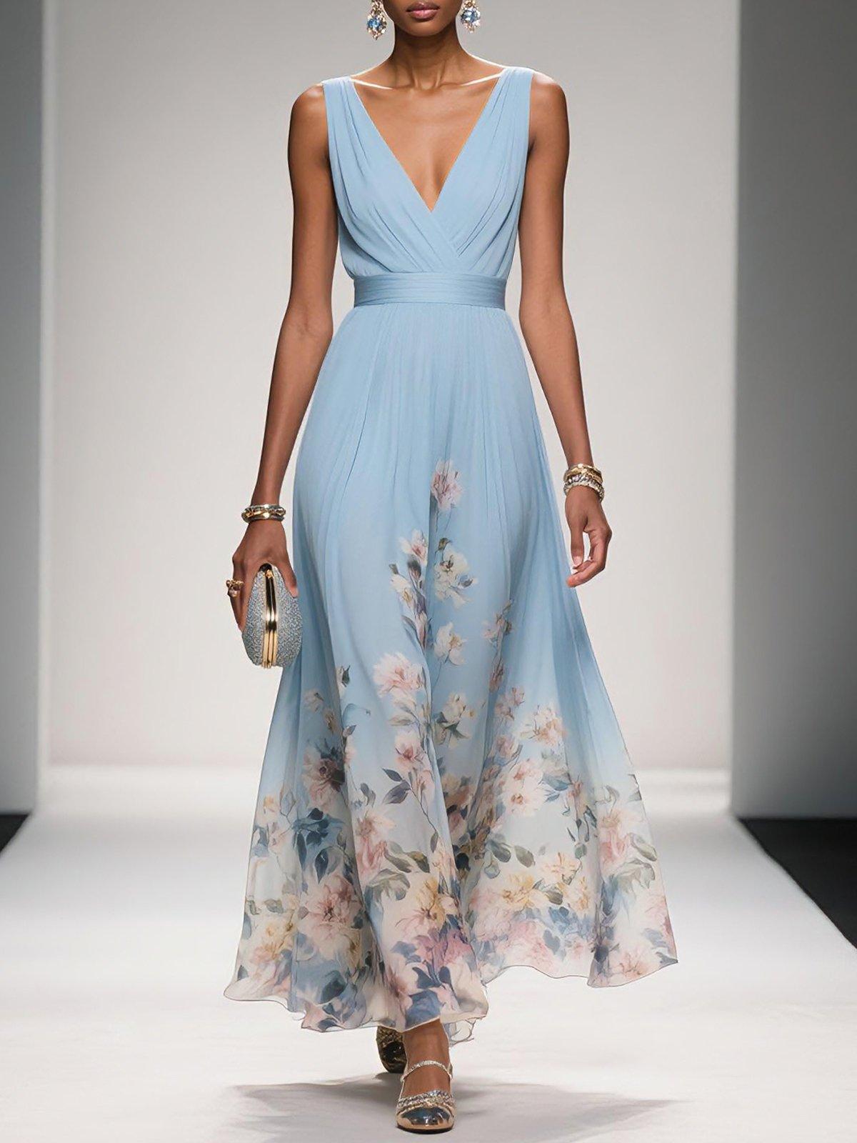 Venetia Somerleigh | Light Blue Floral Maxi V-Neck Dress