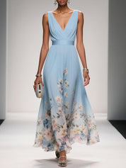 Venetia Somerleigh | Light Blue Floral Maxi V-Neck Dress