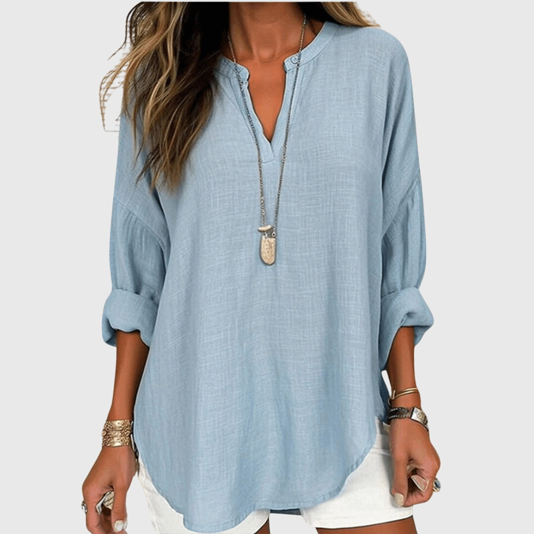 Celestine Waverly | Flowy Light Blue Linen V-Neck Blouse