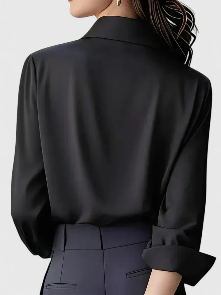 Sandrine Beauclaire | Navy Blue Satin Long-Sleeve Button-Down Shirt