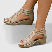 Henriette Beausoleil | Rhinestone Gladiator Wedge Sandals in Beige
