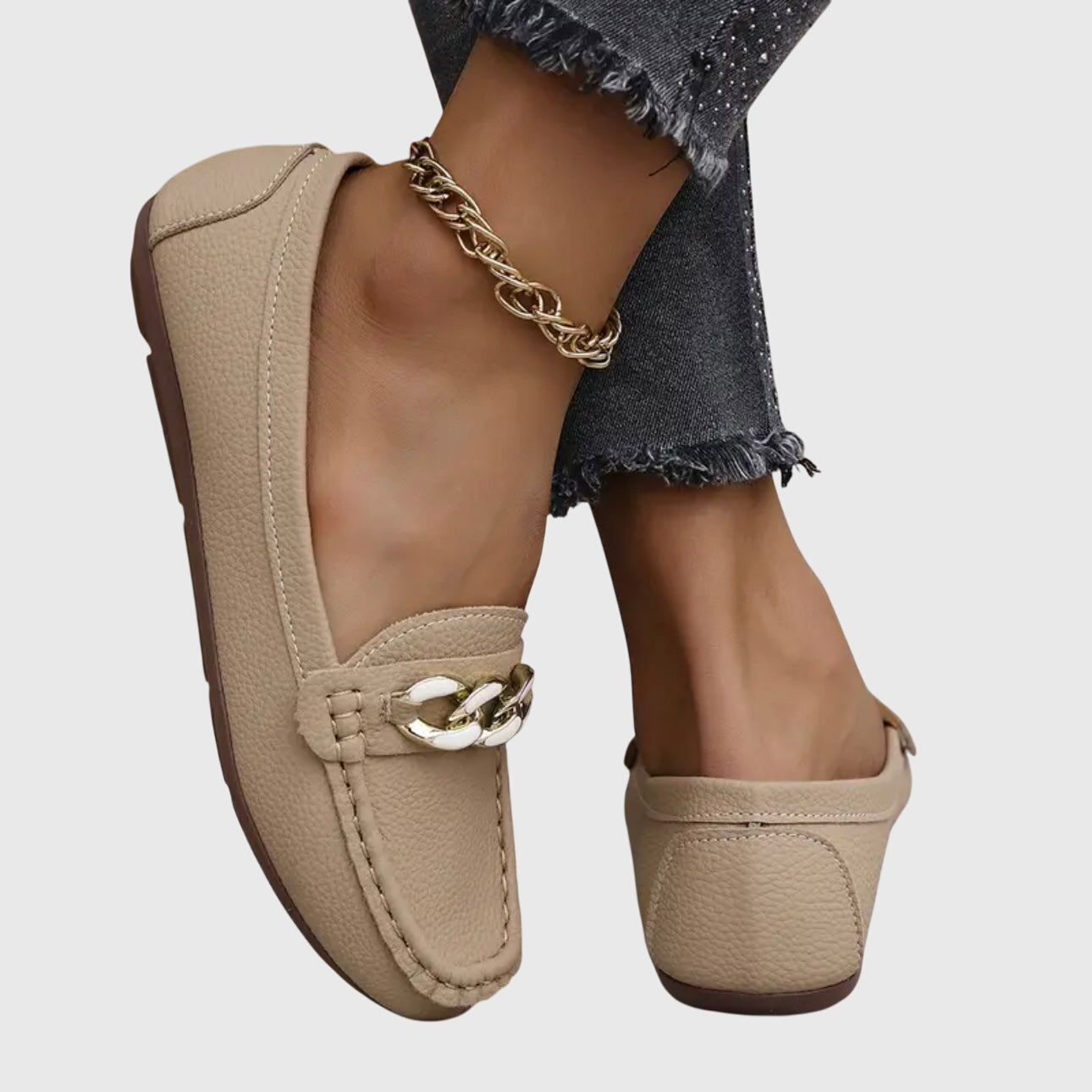 Elspeth Montrouge | White Flat Loafers with Gold Chain Detail
