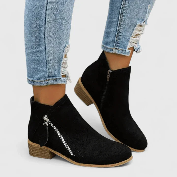 Marguerite Fontenaille | Blue Suede Zip Ankle Boot with Block Heel