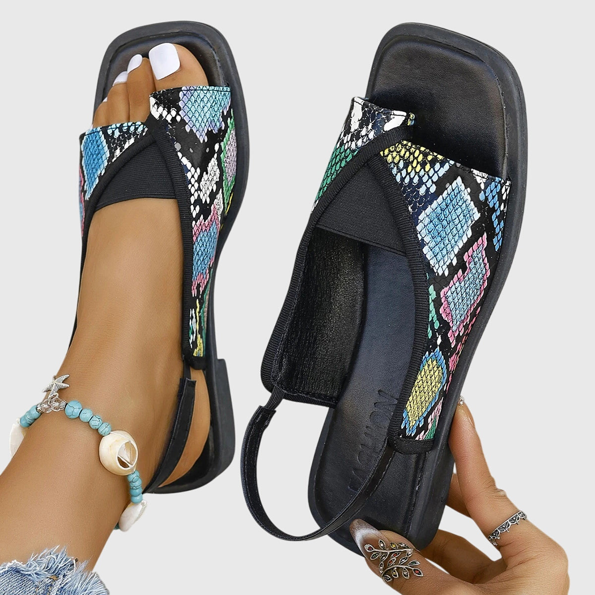 Celeste Montvaux | Square Toe Colorblock Slip-On Flat Sandals