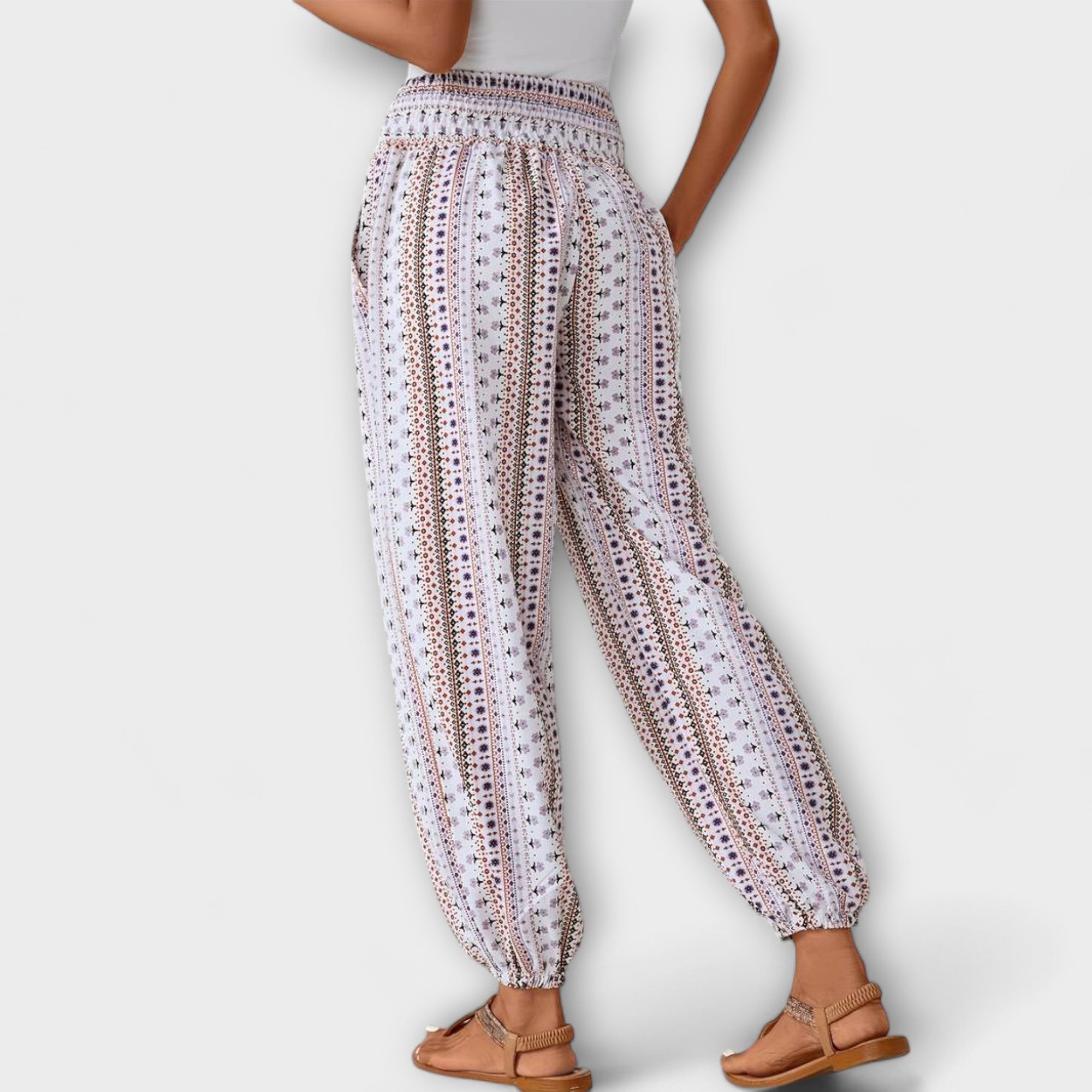 Coralie Deschamps | Boho Ethnic Print Smocked Waist Harem Pants
