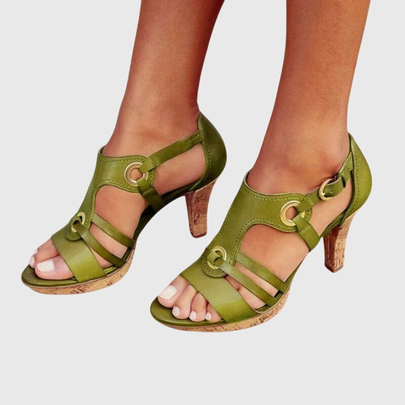 Éloise Ravencourt | Brown Cork Heel Gladiator Sandals with Gold Hardware