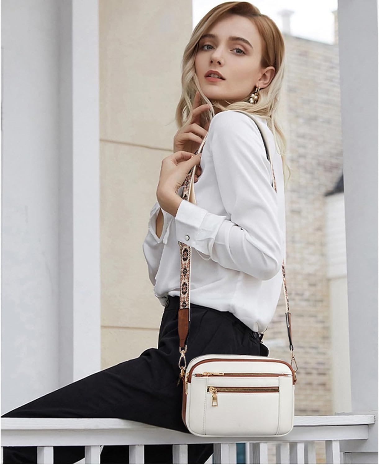 Elaine Beausoleil | White Faux Leather Crossbody Bag with Floral Strap