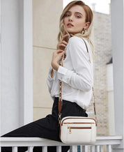 Elaine Beausoleil | White Faux Leather Crossbody Bag with Floral Strap
