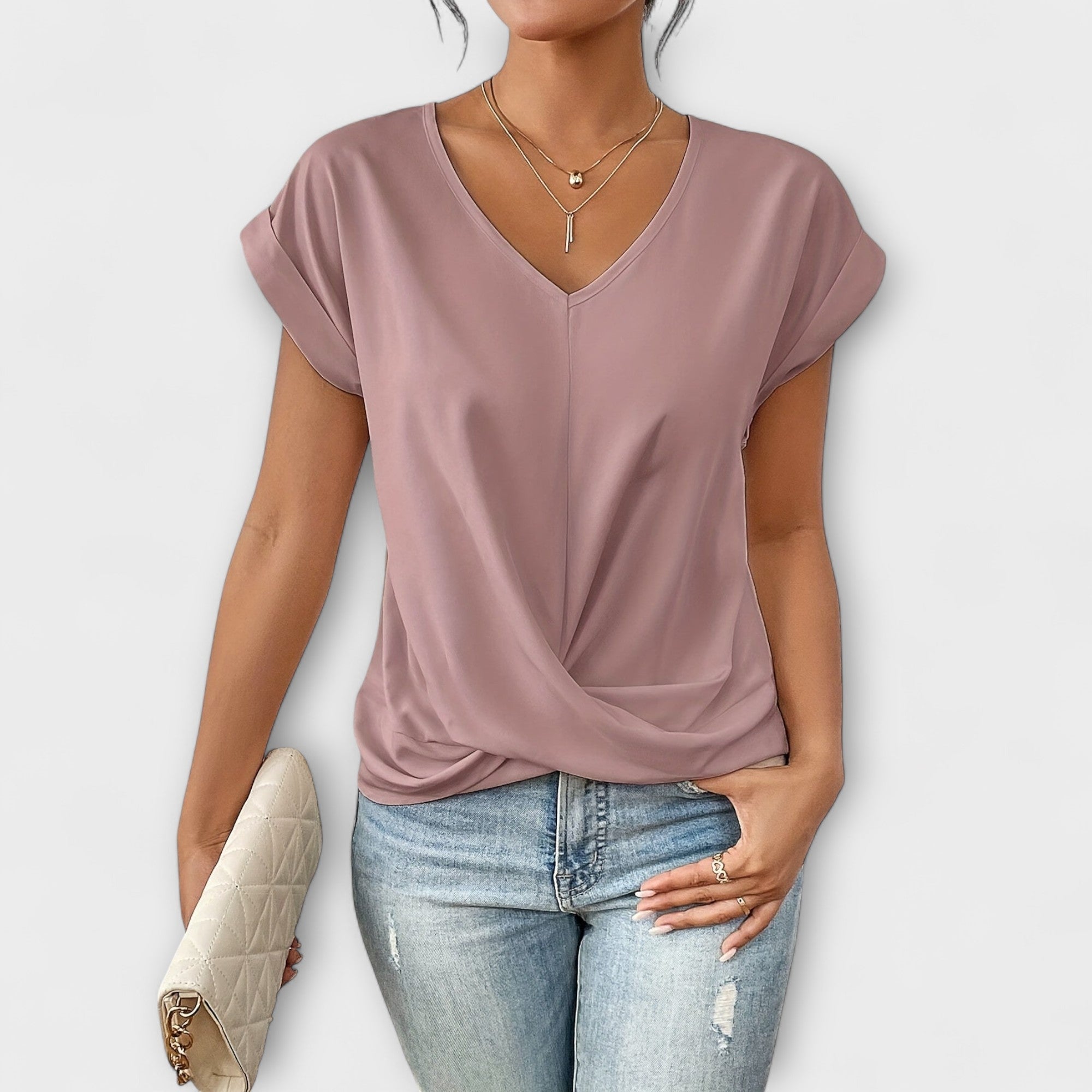 Léonie Charpentier | Brown V-Neck Twist Hem Short Sleeve Top