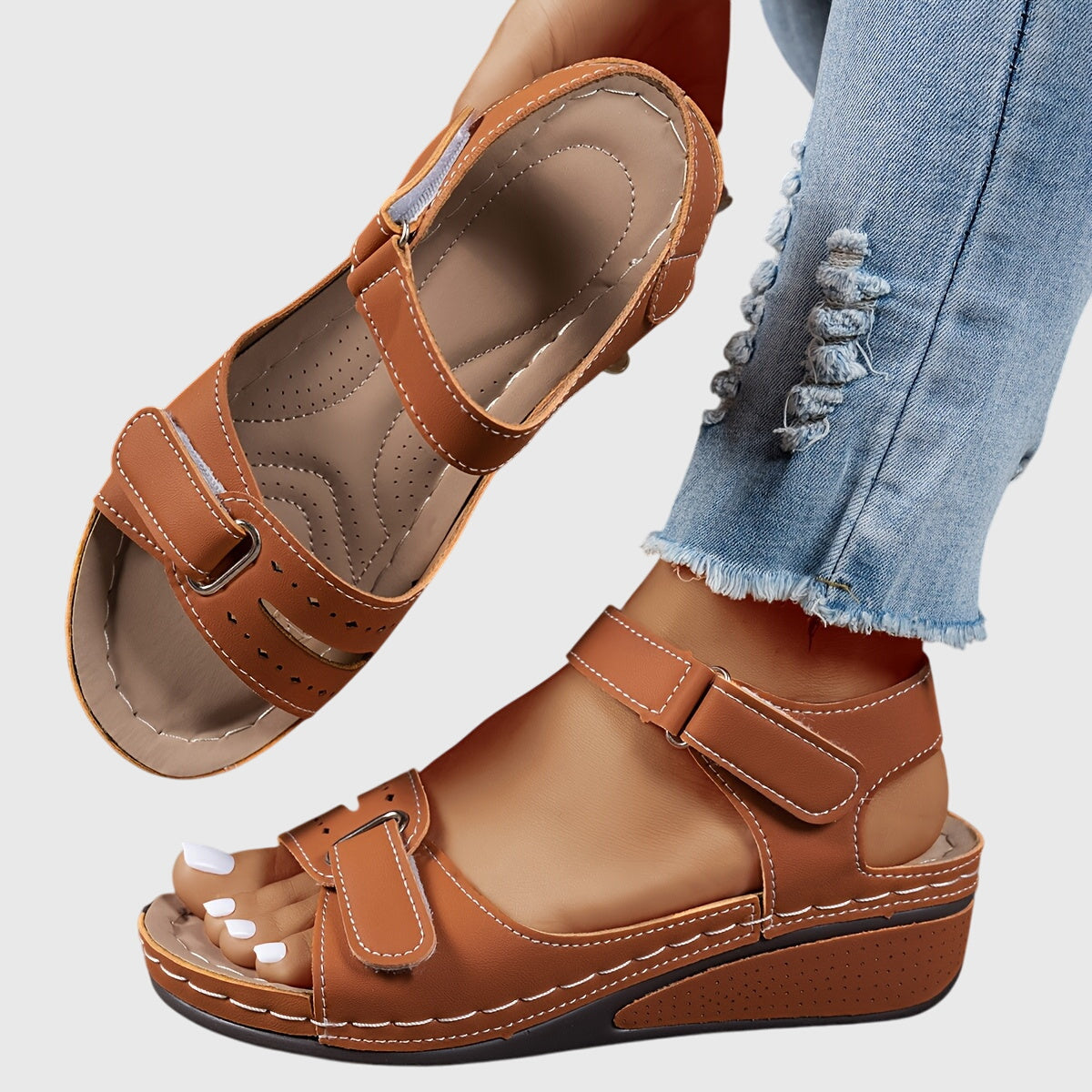 Margaux Ellison | Red Orthopedic Wedge Sandals with Hook-and-Loop Strap