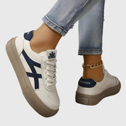 Lucette Vanbrough | White & Navy Lace-Up Platform Sneakers