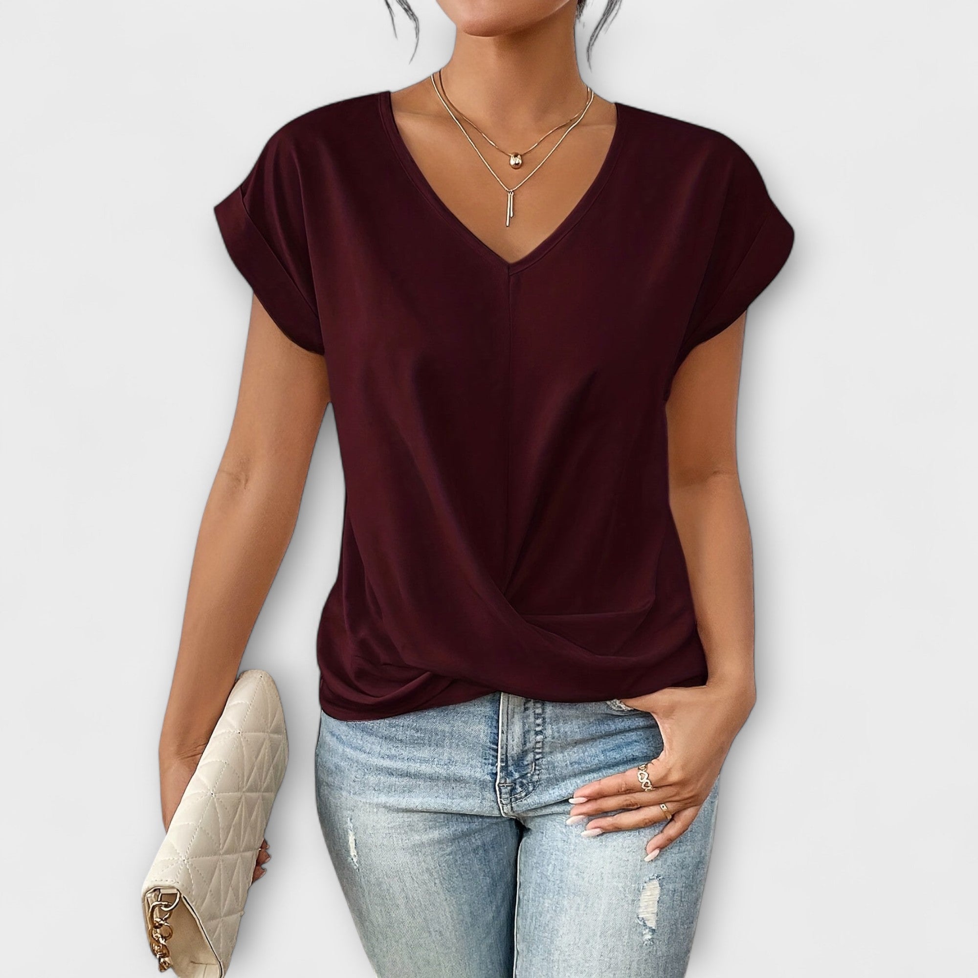 Léonie Charpentier | Brown V-Neck Twist Hem Short Sleeve Top
