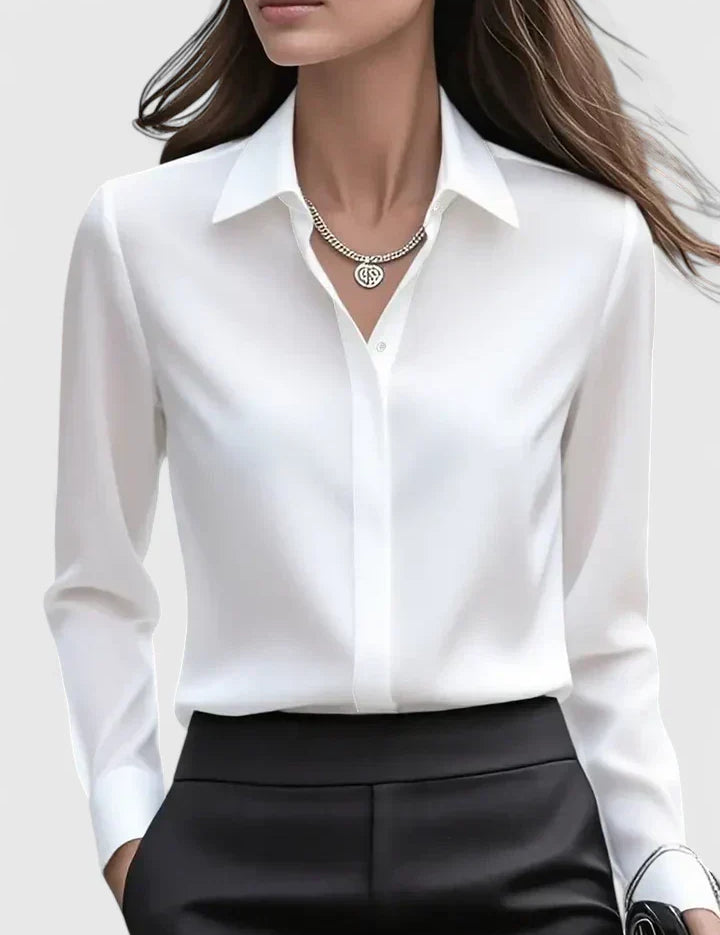 Sandrine Beauclaire | Navy Blue Satin Long-Sleeve Button-Down Shirt