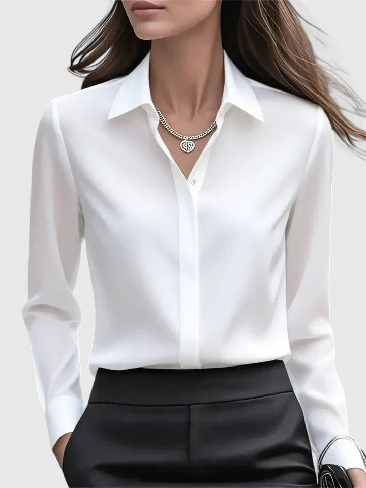 Sandrine Beauclaire | Navy Blue Satin Long-Sleeve Button-Down Shirt