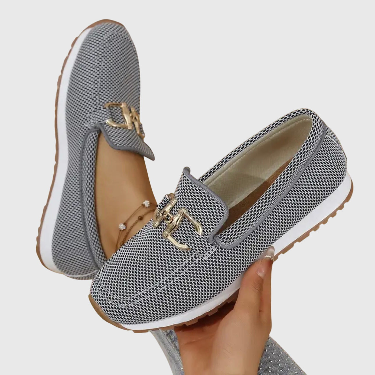 Clarinda Whitmore | Beige Mesh Slip-On Loafer Sneaker with Gold Horsebit