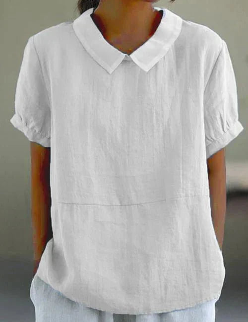 Evangeline Crestbourne | Sky Blue Peter Pan Collar Linen-Look Top